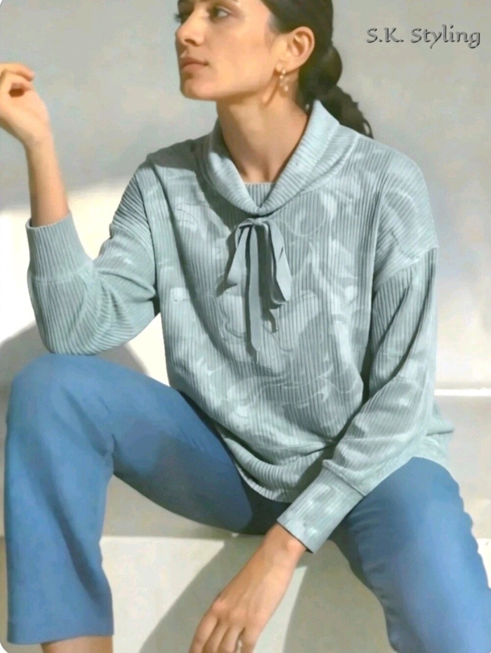 Wonderly Relaxed Fit Ribbed Cowl Neck Sweater Top Ultra Soft Floral Swirl L/XL